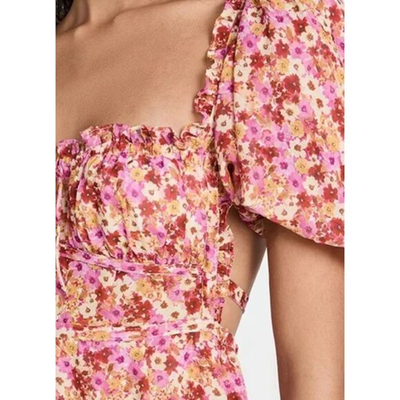 For Love and Lemons Felicia Midi Dress Pink Floral Puff Sleeve Size L - Picture 3 of 4